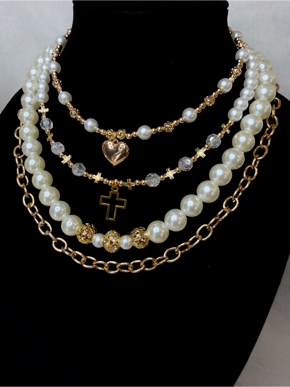 White Pearl Layered Necklace Set with Heart and Cross Charms